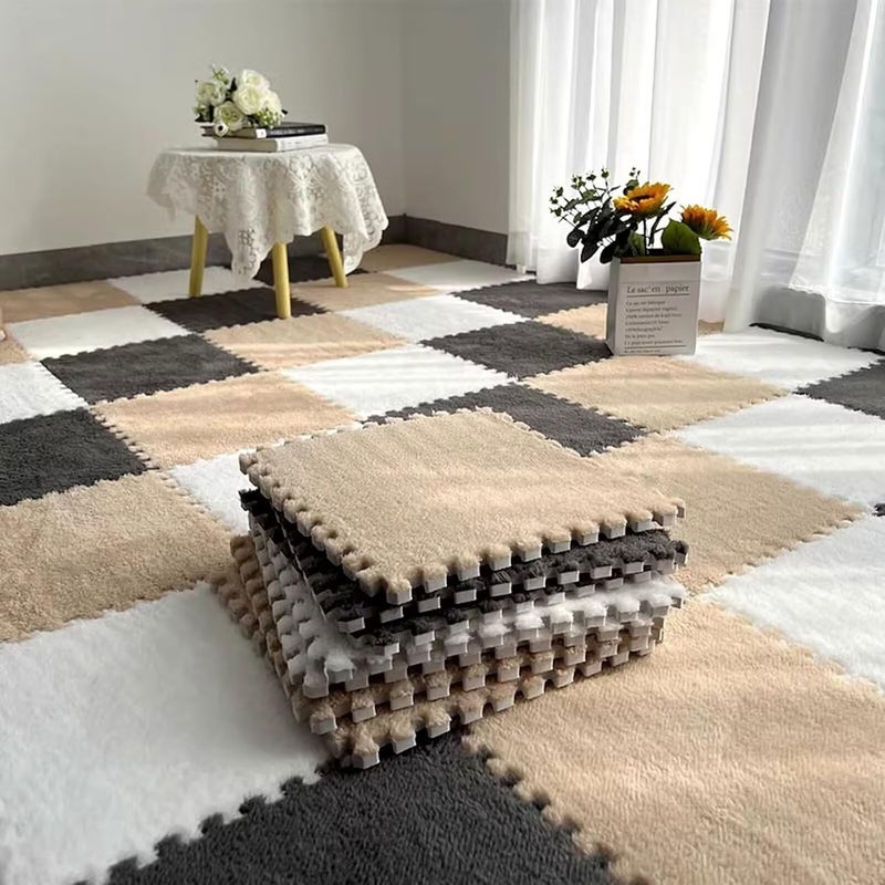 Typutomi 12pcs Plush Puzzle Foam Floor Mat, Cute Soft Fluffy Interlocking Square Foam Tiles Area Rugs Carpet for Parlor Bedroom Decoration(11.8x11.8x0.4in, Grey&White&Light Brown) - Image 5